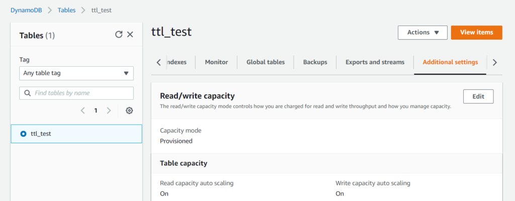 DynamoDB Additional Settings